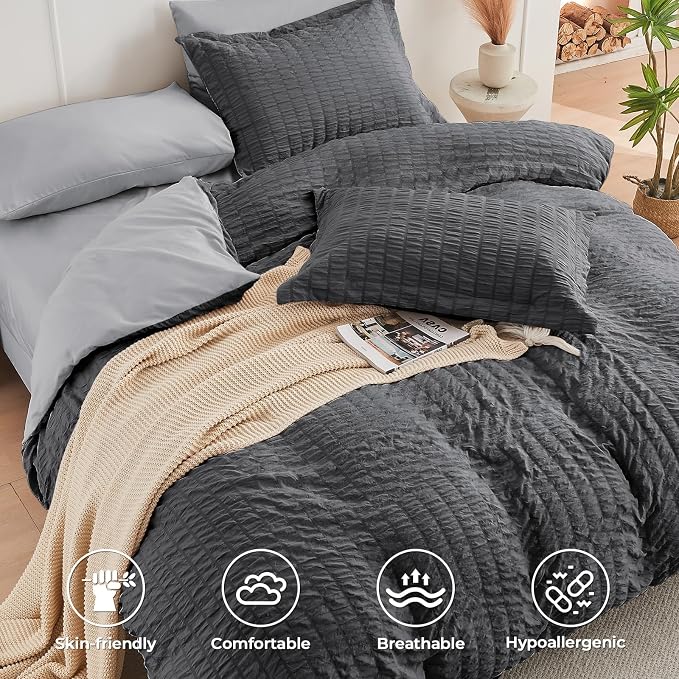 HYMOKEGE Dark Grey/Light Grey King Size Comforter Set Seersucker 7 Pieces - Image 3