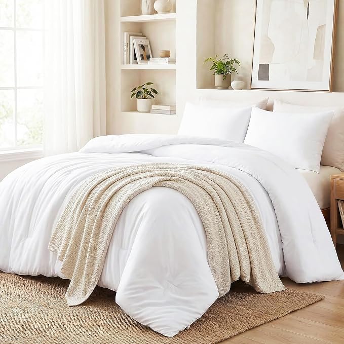 CozyLux White Queen Comforter Set, 3 Pieces Solid Breathable Quilted Boho Style - Image 6