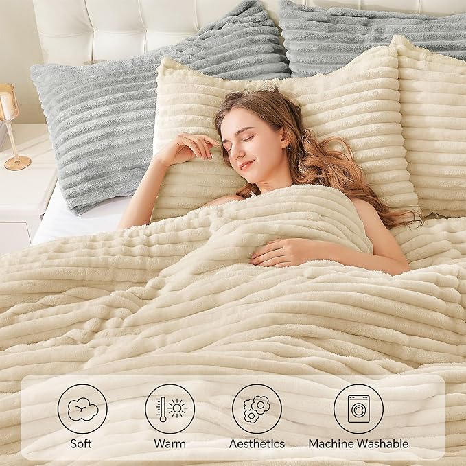 BEDELITE Fleece King Comforter Set -Super Soft & Warm Fluffy Beige Bedding - Image 3