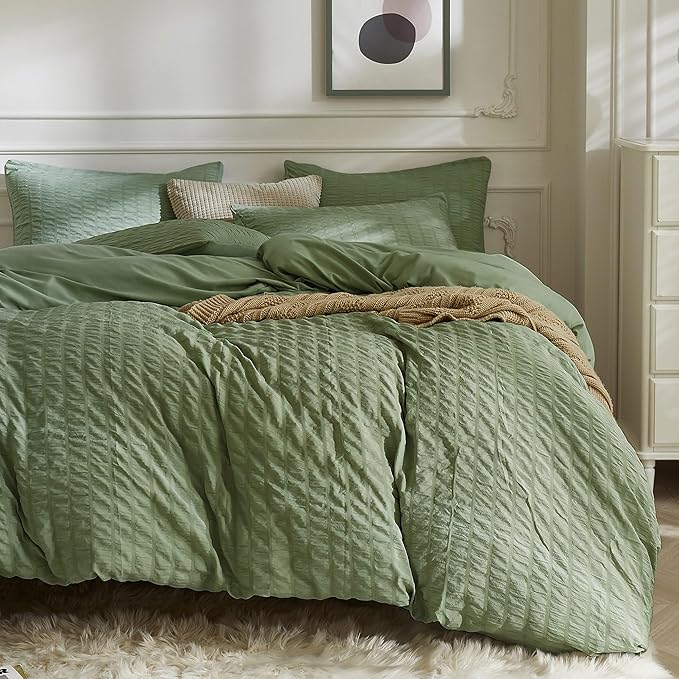 JELLYMONI Dark Green Duvet Cover King Size, Soft Breathable Seersucker Duvet by JELLYMONI