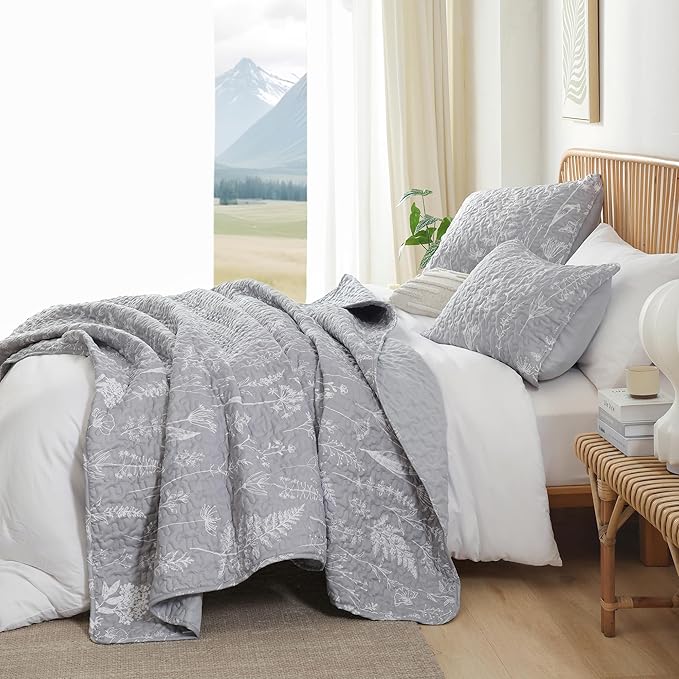 JANZAA Quilts Queen Size Bed Spread Botanical 3 Pieces Quilts Queen Size Sets - Image 6