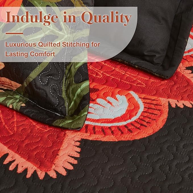 Tyrot 3 Piece Black Red Boho Floral Quilt Sets Full/Queen Farmhouse Reversible - Image 4