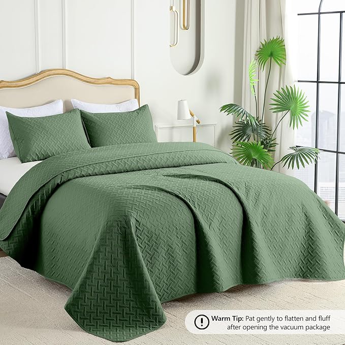FLYMME King Size Quilt Bedding Set Olive Green Lightweight Bedspreads - Image 2
