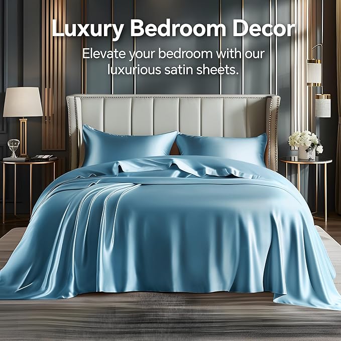 BEDELITE Satin Sheets Full Size Bed Set, Luxury Soft Airy Blue Silky Sheets - Image 2