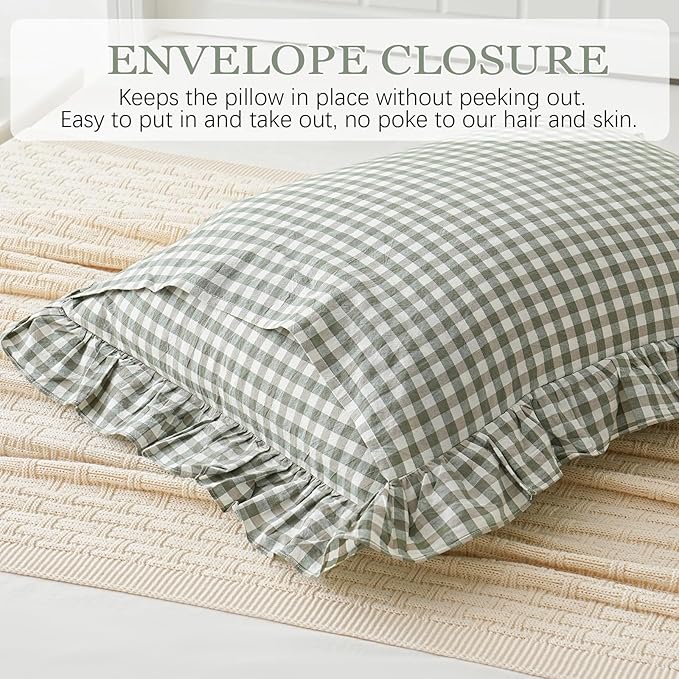 2 Pack Sage Green White Plaid Ruffle Euro Shams Pillow Covers 26x26 inches - Image 5
