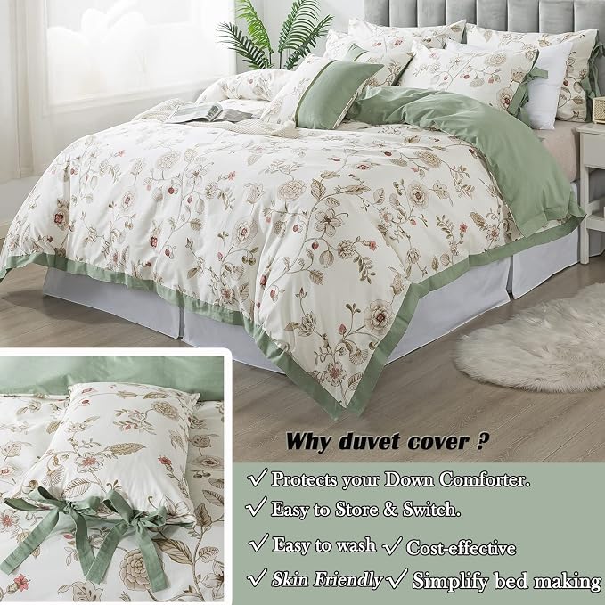 FADFAY Floral Bedding Set Twin 100% Cotton Shabby and Chic Beige Green - Image 2