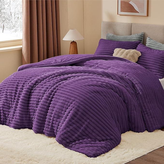 BEDELITE Fleece King Comforter Set -Super Soft & Warm Fluffy Purple Bedding by BEDELITE