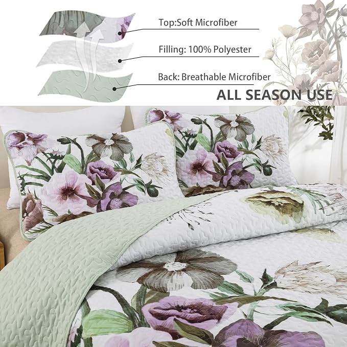 Floral Quilt Set King 3 Pieces Boho Green Quilt Coverlet Set Soft Microfiber - Image 4