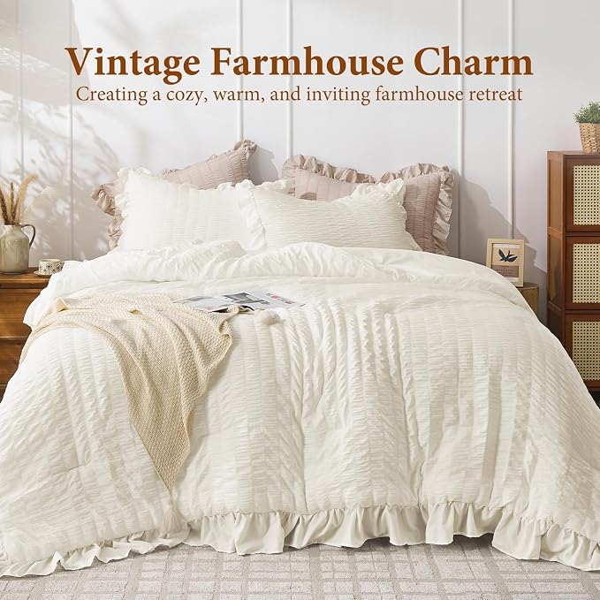 JOLLYVOGUE Ivory Twin Size Comforter Set, 2 Pieces Seersucker Lightweight - Image 2