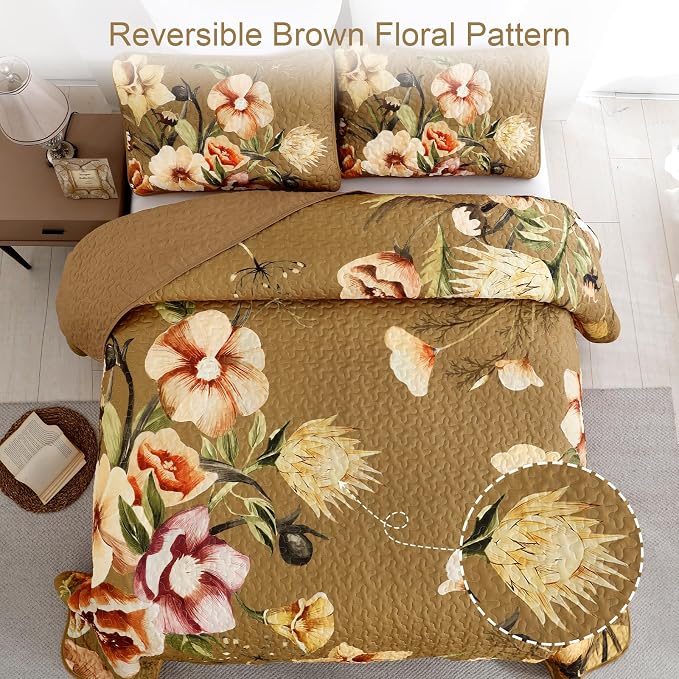 Drucon Brown Floral Quilt Set King Size 3 Pieces Brown Botanical Flower Quilt - Image 3