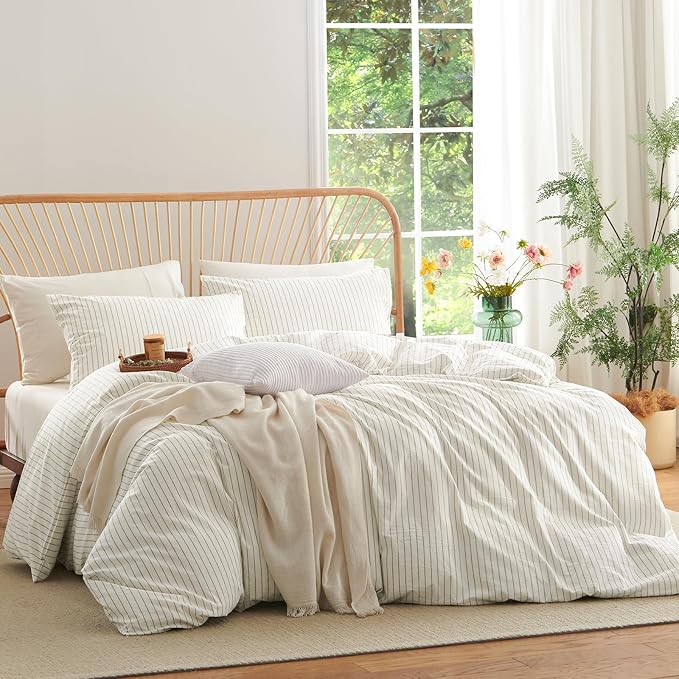 Nayoroom Striped Duvet Cover King Size 100% Washed Cotton White Brown Stripe - Image 2