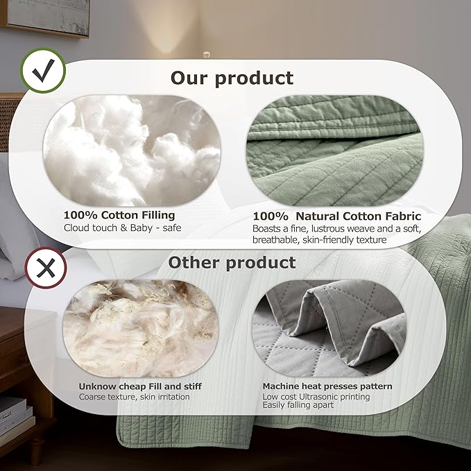 palassio Striped Sage Green 100% Cotton Quilt King Size Bedding Sets, - Image 7