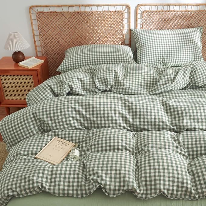 Nayoroom Gingham Duvet Cover Queen Size 100% Washed Cotton Green Plaid - Image 2