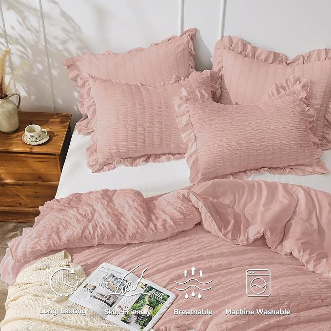 JOLLYVOGUE Twin Size Comforter Set, 2 Pieces Rose Gold Seersucker Lightweight - Image 2