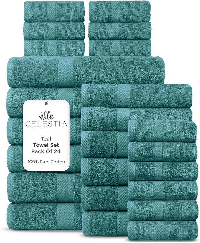 100% Cotton Bath Towel Set of 24-6 Bath Towels, 6 Hand Towels, 12 Wash Cloths by VillaCelestia