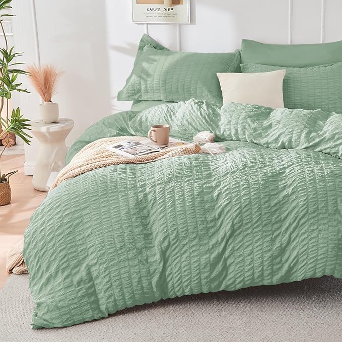 HYMOKEGE Sage Green California King Comforter Set Seersucker 7 Pieces, All - Image 2