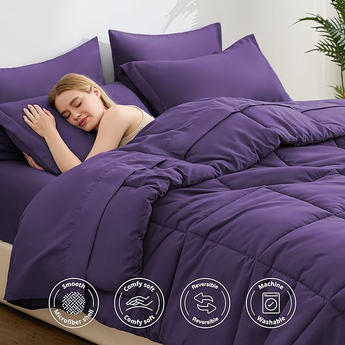 Love's cabin King Size Comforter Set Dark Purple, 7 Pieces King Bed in a Bag - Image 3