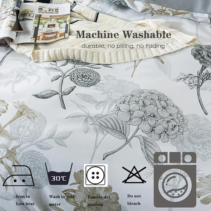 FADFAY Floral Duvet Cover Set Twin XL 100% Cotton College Bedding Ink Grey - Image 8