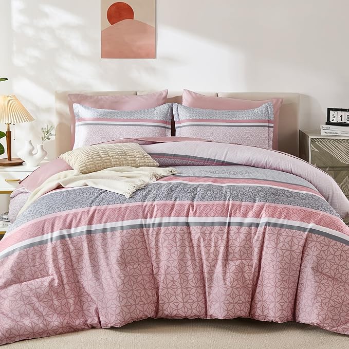 WONGS BEDDING Pink Queen Comforter Set 7 Pieces, Boho Striped Bed in a Bag - Image 2