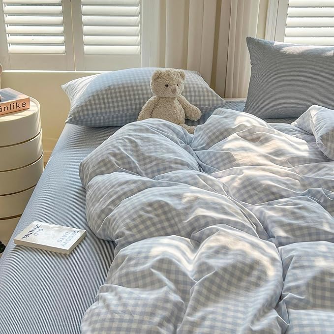 mixinni Light Blue Gingham Duvet Cover Set Queen Size - Image 5