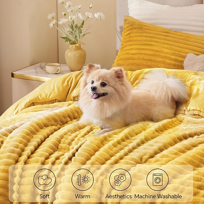 BEDELITE Fleece King Comforter Set -Super Soft & Warm Fluffy Mustard Yellow - Image 3