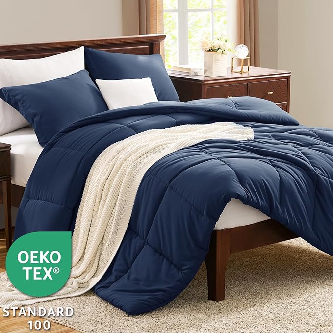 CozyLux Super King Plus Comforter Set, 3 Pieces Navy Blue 128x120 Box Stitched - Image 3