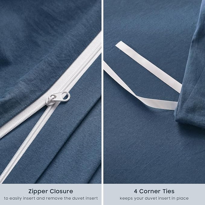 Wake In Cloud - Cotton Duvet Cover Set, Full Size, Dark Navy Blue, 100% Washed - Image 7