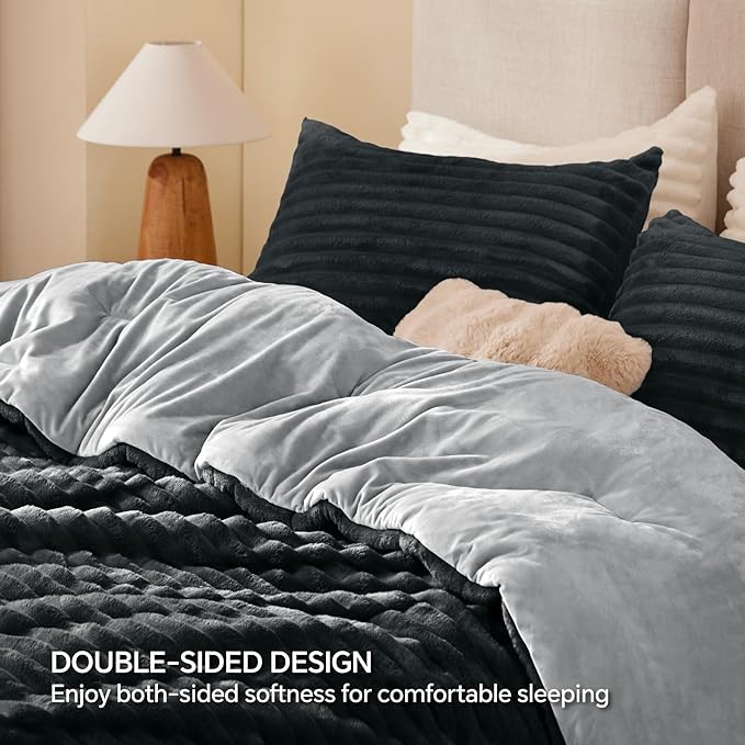 BEDELITE Fleece King Comforter Set -Super Soft & Warm Fluffy Black Bedding - Image 5