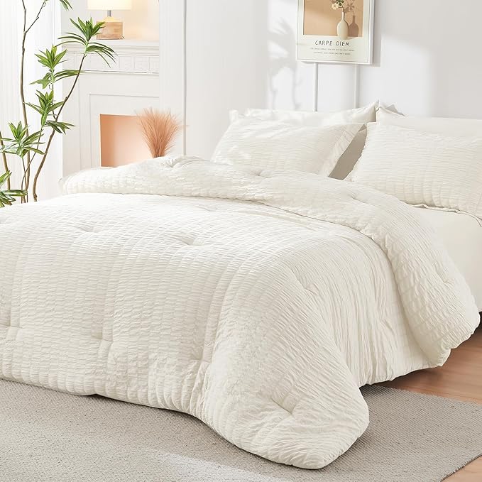 HYMOKEGE Ivory Queen Comforter Set Seersucker 7 Pieces, All Season Luxury Bed - Image 8