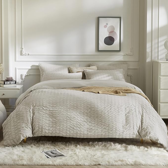 JELLYMONI Beige Duvet Cover Twin Size, Soft Breathable Seersucker Duvet Cover - Image 3