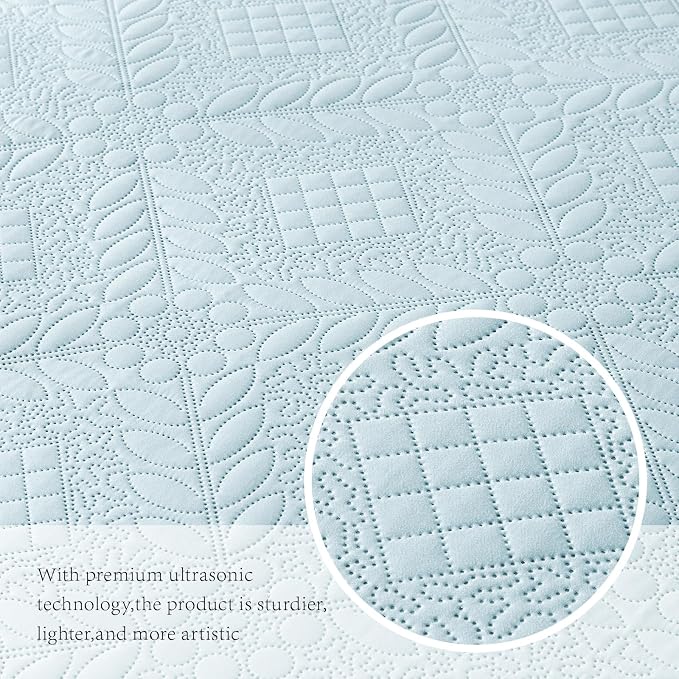 FLYMME Twin Quilt Set, Lightweight Sky Blue Bedspreads, Vintage Olive Leaf - Image 6
