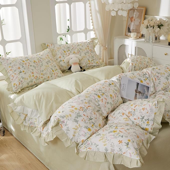 mixinni 100% Cotton Duvet Cover Set Full, Reversible Spring Floral Ruffle Green - Image 9
