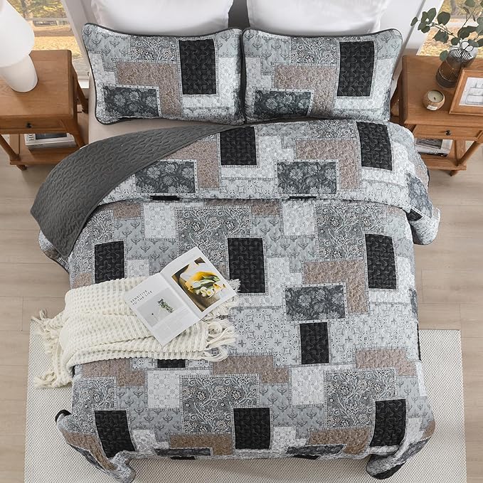 Xruibed Grey Quilt Set Queen Size 3 Pieces Plaid Floral Boho Bedspread Coverlet - Image 4