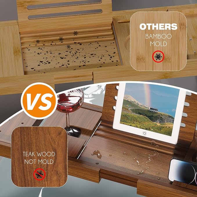 Kiasthome Teak Bathtub Caddy, Expandable Bath Tray, Non‑Slip Luxury Tub Caddy - Image 4