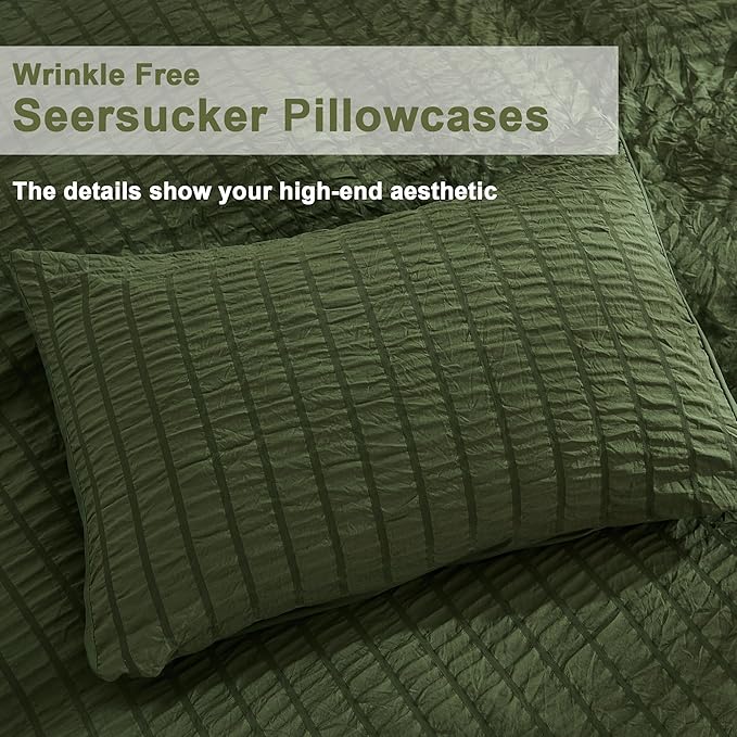 AveLom Dark Olive Green Seersucker Duvet Cover Set Queen, 3 Pieces, Ultra Soft - Image 6