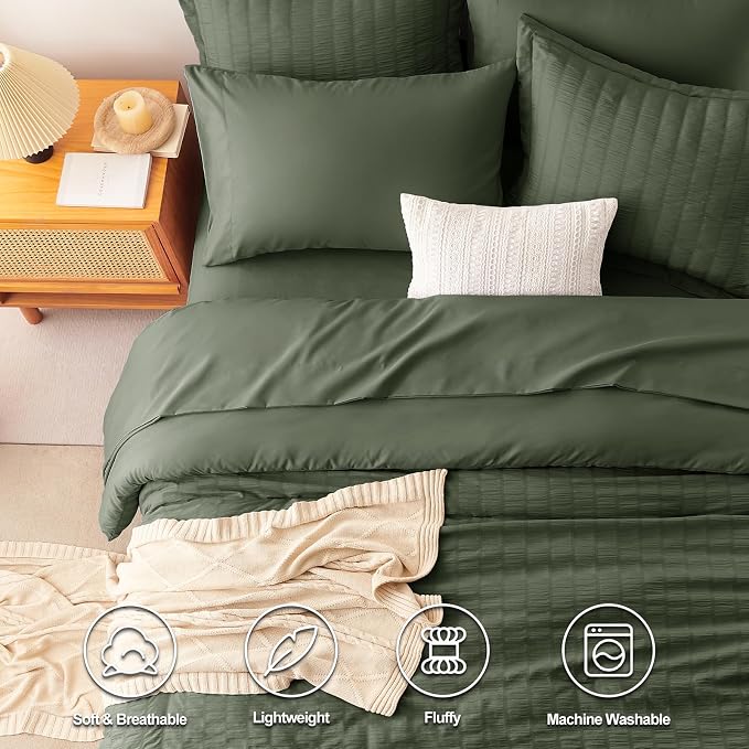 CozyLux King Size Comforter Set Dark Green Seersucker 7 Pieces Bed in a Bag - Image 2