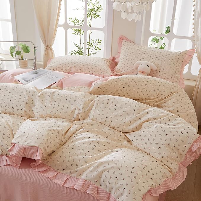 mixinni Pink Floral Duvet Cover Set Queen Size – 100% Cotton Ruffle Lace Bedding - Image 2