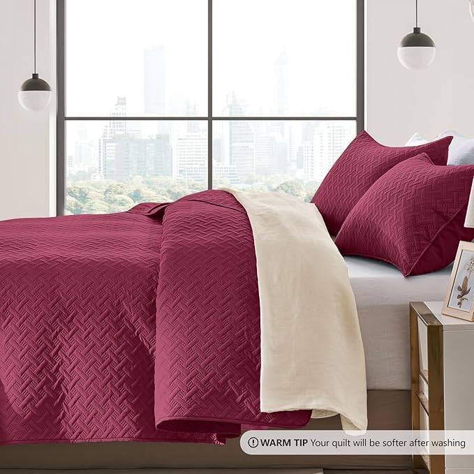 FLYMME Twin Quilt Set, Lightweight Burgundy Bedspreads, Basket Weave Pattern - Image 4