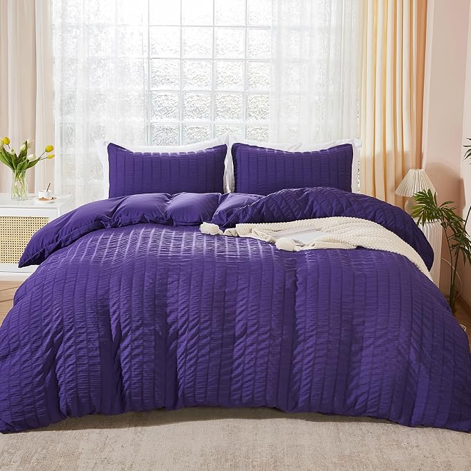 AveLom Dark Purple Duvet Cover King, 3 Pieces, Seersucker Striped Soft Washed by AveLom