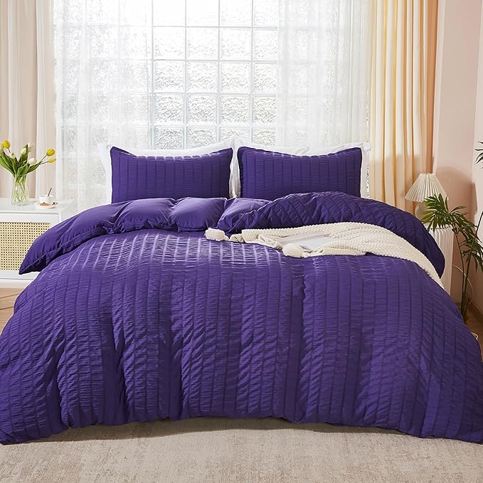 AveLom Dark Purple Duvet Cover Full, 3 Pieces, Seersucker Tripe Soft Washed by AveLom