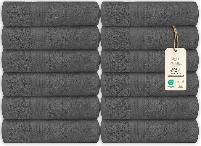 Large Bath Towels Bulk Set of 12 – 100% Cotton Terry – 24" x 50" – Quick Dry by ASTILTEXCottonTowels