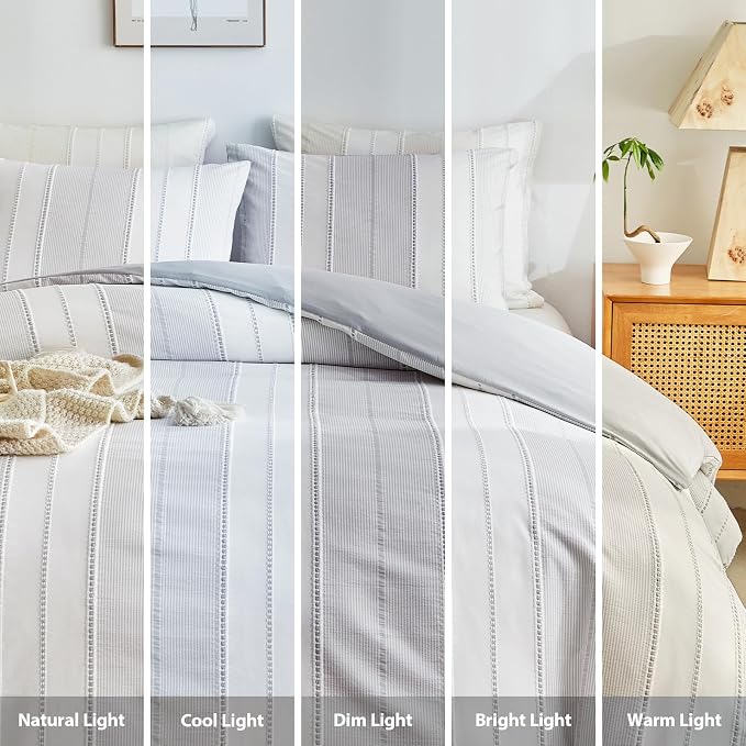 WARMDERN Light Grey Striped Weave Duvet Cover Twin Size, Microfiber Textured - Image 8