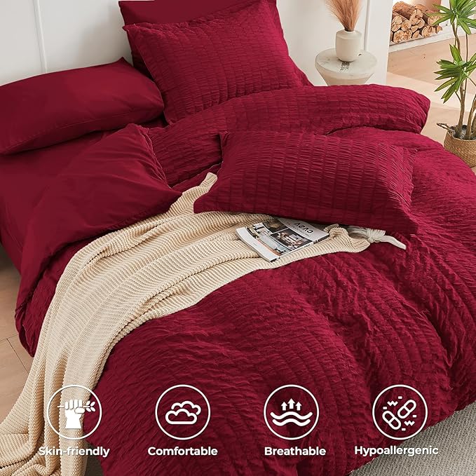 HYMOKEGE Burgundy Duvet Cover Full Size, Ultra Soft 3-Piece Seersucker Duvet - Image 2