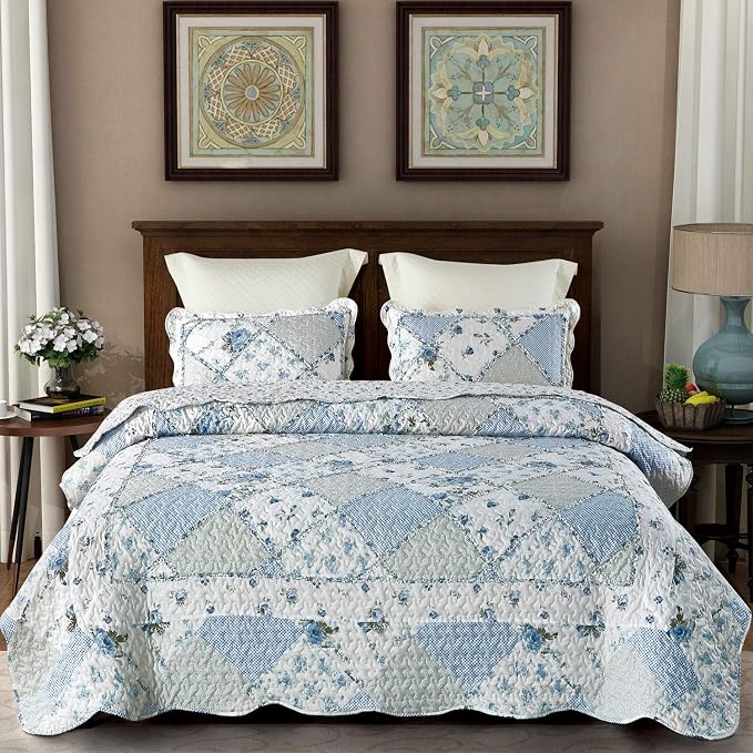 VIVILINEN Blue Floral Patchwork Quilt Set 132x120 Alaska King Size Bedding Set - Image 3