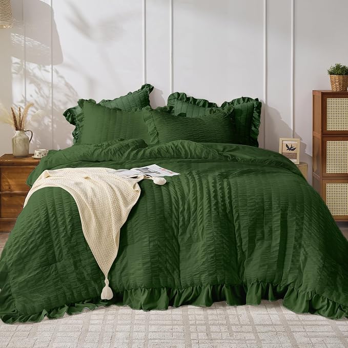 JOLLYVOGUE Dark Green Queen Comforter Set, 3 Pieces Seersucker Comforters Queen by JOLLYVOGUE