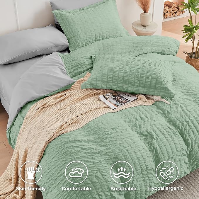 HYMOKEGE Sage Green/Light Grey Twin Comforter Set Seersucker 5 Pieces, All - Image 3