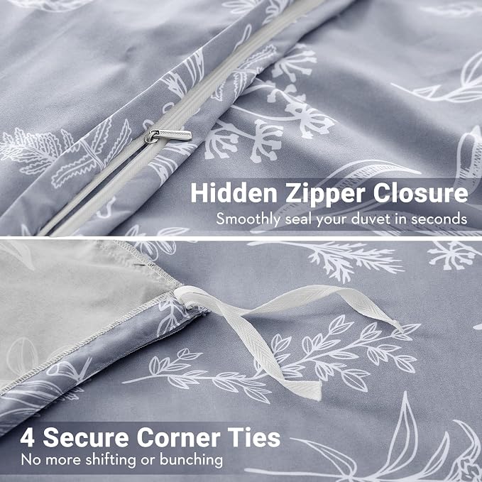 MUXHOMO Duvet Cover Queen Size, Reversible Floral Grey Duvet Cover Set - Image 5