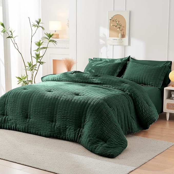 HYMOKEGE Emerald Green King Size Comforter Set Seersucker 7 Pieces, All Season - Image 8