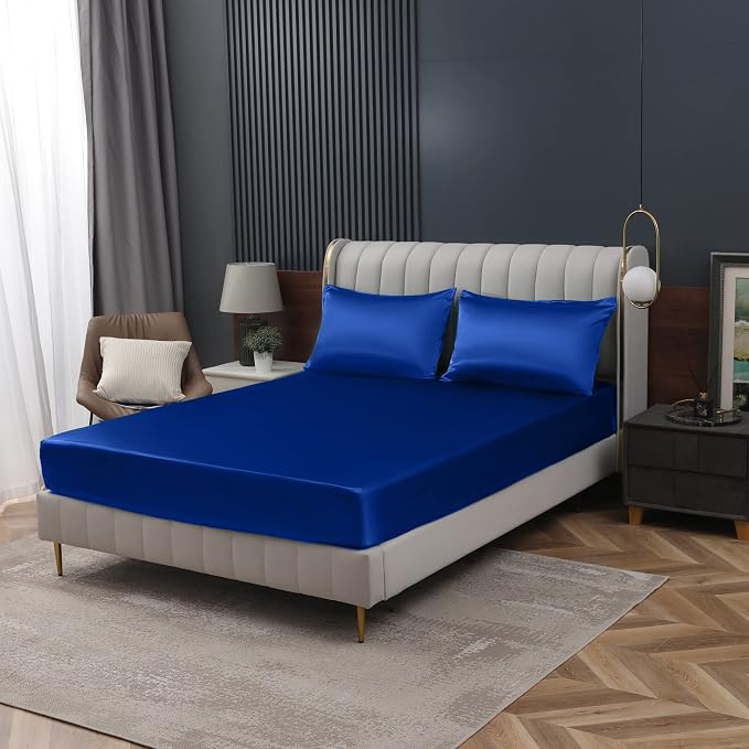 Homiest Royal Blue Satin Fitted Sheet King Size, Deep Pocket, Luxury & Ultra by Homiest