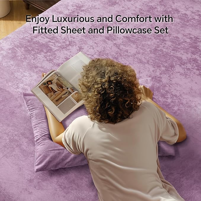 BEDELITE Velvet Fitted Sheet and Pillowcases Set, Luxury Soft Fuzzy Bottom Sheet - Image 2
